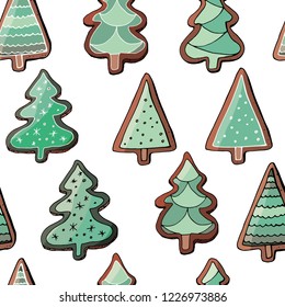 Stock vector endless pattern from green christmas tree gingerbreads with different ornaments. Isolated and hand drawn doodle festive background. Seamless texture for holiday design. New year.