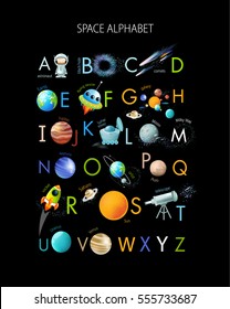 Stock Vector English alphabet. space, solar system, galaxy, science, rocket, planet, astronaut, meteorite, moon rover, moon, Earth, Mars, Venus, Jupiter. Milky Way. Education, poster,  astronomy 