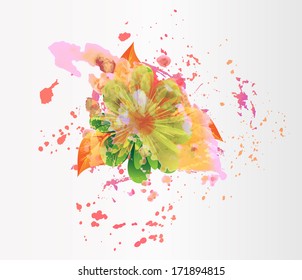 Stock vector eps background with bright vintage and sweet flower with watercolor paint grunge splash in retro style