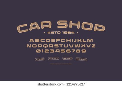 Stock vector extended font, alphabet, typography with hatching and rounded corners. Letters and numbers for racing, car shop logo and t-shirt design