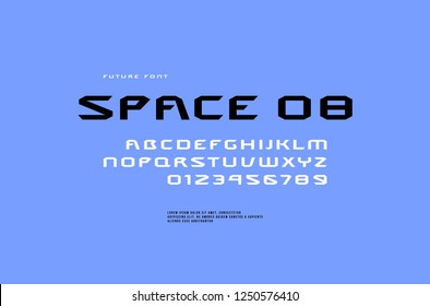 Stock vector extended sans serif font, alphabet, typeface. Letters and numbers for sci-fi, movie, cyber and space logo design. Print on blue background