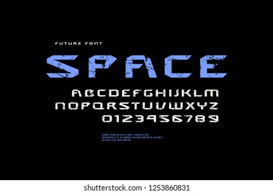 Stock vector extended sans serif font, alphabet, typeface. Letters and numbers with rough texture for sci-fi, movie, cyber and space logo design. Print on black background