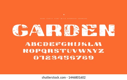 Stock vector extended sans serif font with rounded corners. Bold face. Letters and numbers with vintage texture for logo and label design. White print on orange background