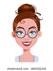 Stock vector. Face expression of beautiful woman in glasses, cheerful. Female emotion. Cute cartoon character in flat style. Vector illustration