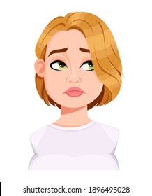 Stock vector. Face expression of beautiful plus size woman, disappointed. Female emotion. Cute cartoon character in flat style. Vector illustration