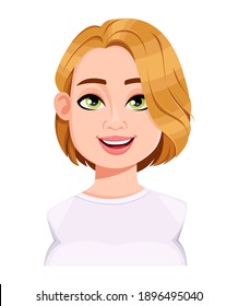 Stock vector. Face expression of beautiful plus size woman, cheerful. Female emotion. Cute cartoon character in flat style. Vector illustration