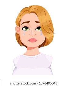 Stock vector. Face expression of beautiful plus size woman, crying. Female emotion. Cute cartoon character in flat style. Vector illustration