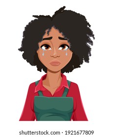 Vector de material. Expresión facial de la hermosa jardinera afroamericana, llorando. Emoción femenina. Personaje de dibujos animados de una chica educada de estilo plano. Ilustración del vector