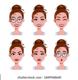 Stock vector. Face expressions of woman with brown hair. Different female emotions set. Beautiful cartoon character in flat style. Vector illustration svg