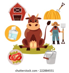 Stock vector farm cow flat illustration simple icon set 