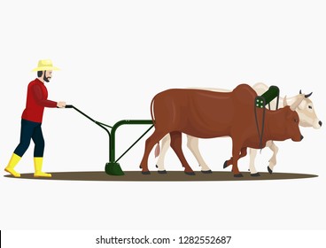 stock vector of farmers plowing with cattle. cartoon background nature concept. graphic object illustration isolated on the white background