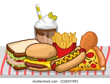 stock vector of fast food burger, hot dog, pizza, sandwich, fried chicken, fried fries for your lunch object illustration