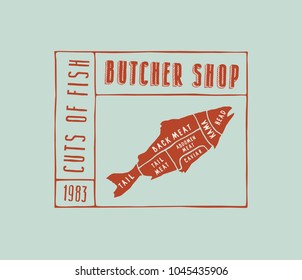 Stock vector fish cuts diagram in the style of handmade graphics. Label template for butcher shop. Color print on blue background