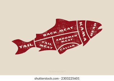 Diagrama de corte de peces vectoriales en forma plana. Diseño con textura áspera. Impresión roja sobre el fondo de la luz
