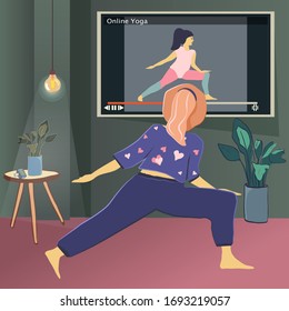 Stock vector flat colorful illustration. Girl doing yoga training online at home.Woman in pajama exercising in furnitured interior room. Interner distance gym dance class on TV screen. Quarantine mood