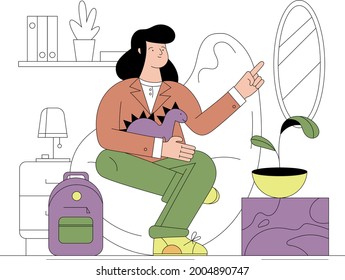 stock vector flat cute woman with toy smilling and sitting in chair in cosy linear interior point with finger
