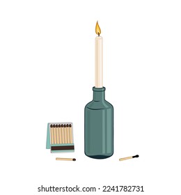 Stock vector flat hand drawn illustration burning candle in a glass bottle and a book of matches