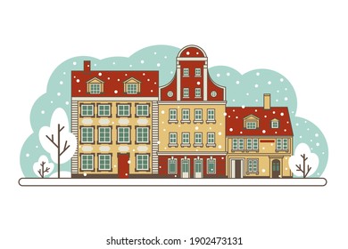 Stock vector flat Illustration. Historical buildings in winter. Colorful old town. Travel  landmark. Stylized flat illustration of an old European city.