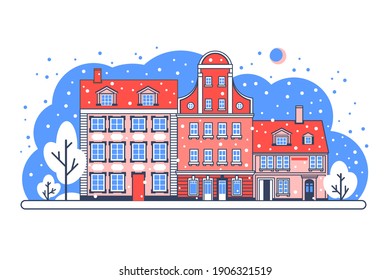 Stock vector flat Illustration. Historical buildings in winter. Colorful old town. Travel landmark. Stylized flat illustration of an old European city.