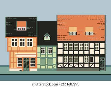 Stock vector flat Illustration of  Quedlinburg, Germany. Historical medieval buildings. Colorful old deutschland town. Travel urban landmark. Stylized flat illustration of an old European city.