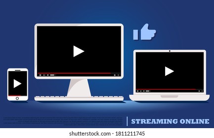 Stock vector flat smartphones, laptop, pc, streaming online concept devices