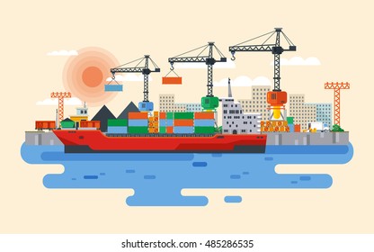 Stockvektorflache Illustration der Ladung von Frachtschiffen im Flusshafen, Güterbeförderung auf dem Wasser, Seetransport, Großhandel und Transport, Krane im Industriegebiet