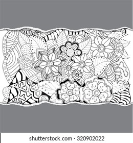 stock vector floral black and white doodle pattern with torn paper