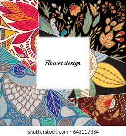 stock vector floral card design.doodle pattern with flowers and leaf. russian or orient style. template