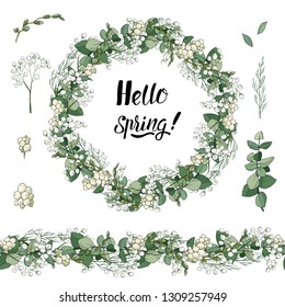 Stock vector floral decorative set of seamless floral herb brush and green wreath.  Isolated and hand drawn illustration. Festive design for wedding bouquets, spring backdrop. Hand drawn pattern. 