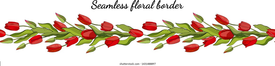 Stock vector floral seamless flower brush from red tulips. Isolated and hand drawn illustration. Floral design, flower backdrop. Festive hand drawn pattern, spring.