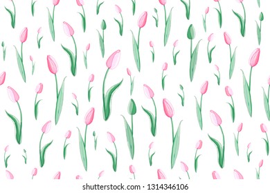 Stock vector floral seamless texture  from spring flowers. Endless pattern, beautiful pink tulips. Isolated and hand drawn illustration. Floral design, flower backdrop. Festive print. Wedding, easter.