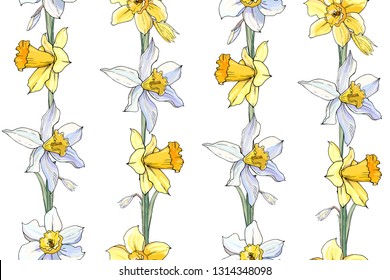 Stock vector floral seamless texture  from spring flowers. Endless pattern from white and yellow narcissus. Isolated and hand drawn illustration. Floral design, flower backdrop. Festive print. Easter.