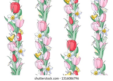 Stock vector floral seamless texture  from spring flowers. Endless pattern from  tulips and narcissuses. Isolated and hand drawn illustration. Floral design, flower backdrop. Festive hand drawn print.