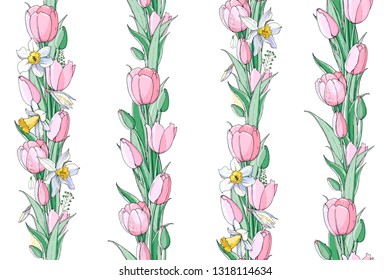 Stock vector floral seamless texture  from spring flowers. Endless pattern from  tulips and narcissuses. Isolated and hand drawn illustration. Floral design, flower backdrop. Festive print.