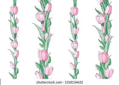 Stock vector floral seamless texture  from spring flowers. Endless pattern, beautiful pink tulips. Isolated and hand drawn illustration. Floral design, flower backdrop. Festive print. Wedding, easter.
