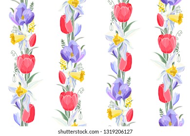Stock vector floral seamless texture  from spring flowers. Endless pattern from tulips, crocuses and narcissuses. Isolated and hand drawn illustration. Floral design, easter backdrop. Festive print.