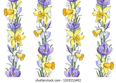 Stock vector floral seamless texture  from spring flowers. Endless pattern from crocuses and narcissuses. Isolated and hand drawn illustration. Floral design, easter backdrop. Festive print.