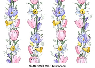 Stock vector floral seamless texture  from spring flowers. Endless pattern from tulips, crocuses and narcissuses. Isolated and hand drawn illustration. Floral design, easter backdrop. Festive print.