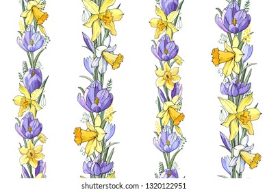 Stock vector floral seamless texture  from spring flowers. Endless pattern from crocuses and narcissuses. Isolated and hand drawn illustration. Floral design, easter backdrop. Festive print.