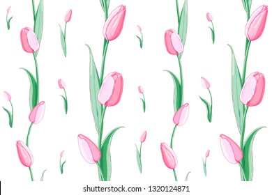 Stock vector floral seamless texture  from spring flowers. Endless pattern, beautiful pink tulips. Isolated and hand drawn illustration. Floral design, flower backdrop. Festive print. Wedding, easter.