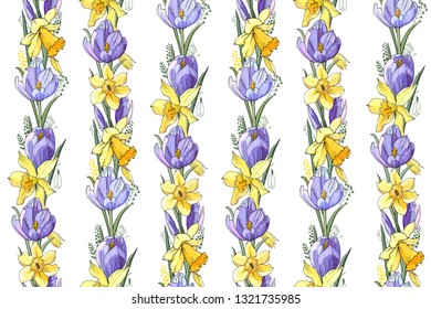 Stock vector floral seamless texture  from spring flowers. Endless pattern from crocuses and narcissuses. Isolated and hand drawn illustration. Floral design, easter backdrop. Festive print.