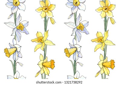 Stock vector floral seamless texture  from spring flowers. Endless pattern from white and yellow narcissus. Isolated and hand drawn illustration. Floral design, flower backdrop. Festive print. Easter.