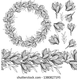 Stock vector floral set of brush and wreath.