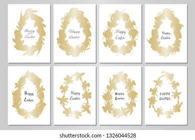 Stock vector floral set of eight easter greting cards. Beautiful egg frames from flat golden whreath silhouettes. Isolated and hand drawn illustration. Floral design, easter backdrop. Festive print.