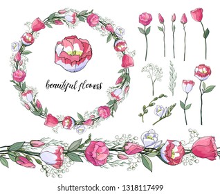 Stock vector floral set of flower brush from pink eustomas and beautiful wreath.  Isolated and hand drawn illustration. Floral design, flower backdrop. Festive hand drawn pattern,  wedding.