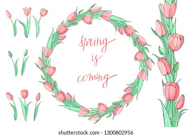 Stock vector floral set of seamless flower brush from pink tulips and beautiful wreath.  Isolated and hand drawn illustration. Floral design, flower backdrop. Festive hand drawn pattern,  spring.