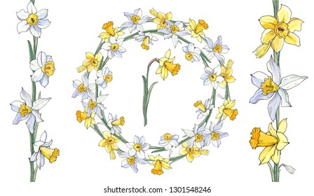 Stock vector floral set of seamless flower brush from narcissuss and beautiful wreath.  Isolated and hand drawn illustration. Floral design, flower backdrop. Festive hand drawn pattern,  spring flower
