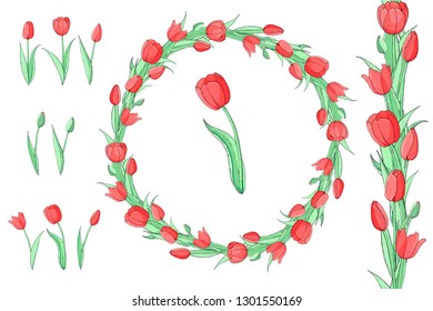Stock vector floral set of seamless flower brush from red tulips and beautiful wreath.  Isolated and hand drawn vector illustration. Floral design, flower backdrop. Festive hand drawn pattern,  spring