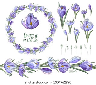 Stock vector floral set of seamless flower brush from crocuses and beautiful wreath.  Isolated and hand drawn illustration. Floral design, flower backdrop. Festive hand drawn pattern,  spring flowers.