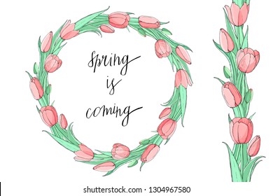 Stock vector floral set of seamless flower brush from pink tulips and beautiful wreath.  Isolated and hand drawn illustration. Floral design, flower backdrop. Festive hand drawn pattern,  spring.